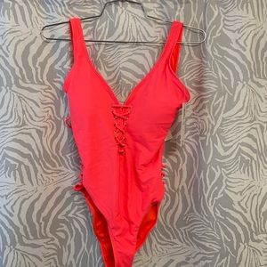 Bright coral one piece bathing suit